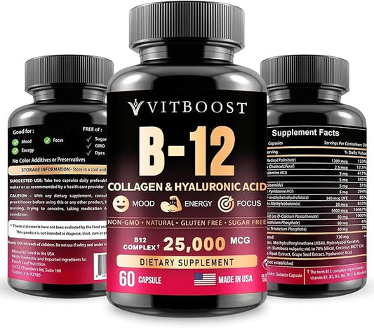 B12 with Hyaluronic Acid, Collagen and 25000 mcg B12 Methylcobalamin B1, B2, B2, B3, B3, B6, B6, B7 B7 Complex 60 Capsules