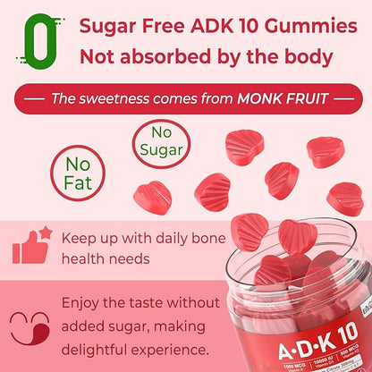Vitamin A D3 K2 Gummies 5000IU / 10,000 IU D3 with Calcium Magnesium Zinc, ADK 10 Vitamin Supplement K2 MK-7 500mcg for Calcium Absorption, Increase Bone Density, Muscle, Teeth, Immune Health, 2Packs