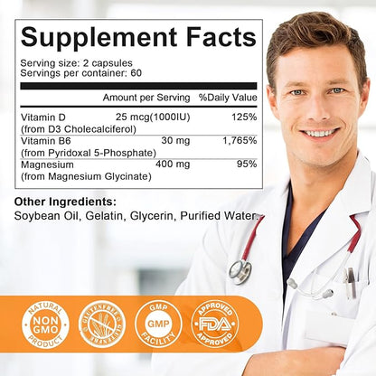 Magnesium Supplement Softgels, Easy Absorption Magnesium Glycinate 400mg with Vitamin B6,D3, High Bioavailability Magnesium for Sleep & Calm Support, Nervous, Muscle & Bone Health