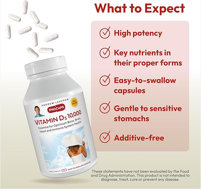 ANDREW LESSMAN Vitamin D3 10,000 IU 60 Capsules – High Potency, Essential for Calcium Absorption, Supports Bone Health, Healthy Muscle Function, Immune System and More. Small Easy to Swallow Capsules