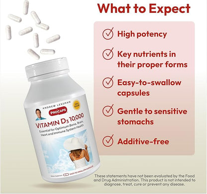 ANDREW LESSMAN Vitamin D3 10,000 IU 60 Capsules – High Potency, Essential for Calcium Absorption, Supports Bone Health, Healthy Muscle Function, Immune System and More. Small Easy to Swallow Capsules