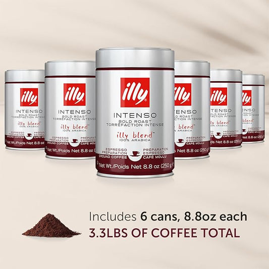 illy Intenso Ground Espresso Coffee, Bold Roast, Intense, Robust And Full Flavored With Notes Of Deep Cocoa, 100% Arabica Coffee, No Preservatives, 8.8 Ounce Can (Pack of 6)