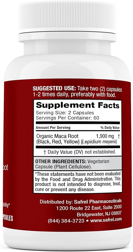 Safrel Organic Maca Root Black, Red, 1900 MG 120 Vegan 100% Pure