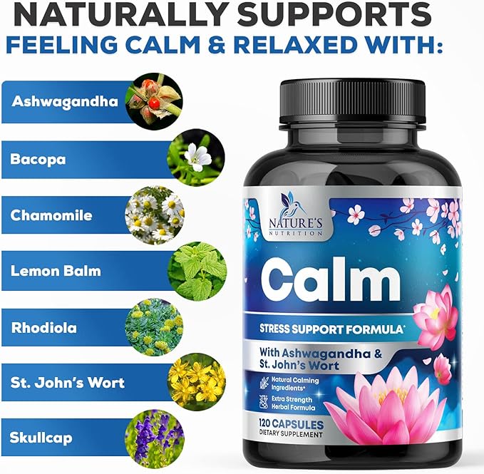 Stress Support Supplements for Mood & 5-HTP, L-Theanine 120 Capsules
