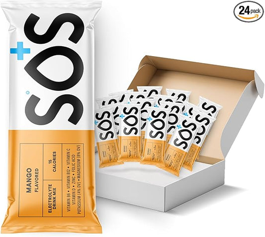 SOS Hydration Electrolyte Powder Drink Packets; Daily Hydration & Energy; Added Essential Vitamins; Low Sugar: Mango, 24 Sticks