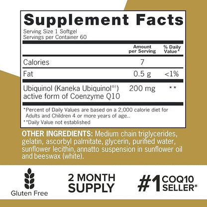 Qunol Ubiquinol CoQ10 200mg Softgels, Powerful CoQ10, 60ct 60ct Softgels