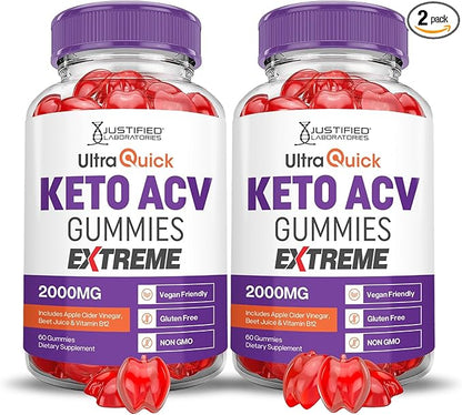 Justified Laboratories (2 Pack Ultra Quick Keto ACV Gummies Extreme 2000MG Ultraquick Keto Gummies Apple Cider Vinegar Formulated with Pomegranate Beet Juice Powder B12 Vegan Non GMO 120 Gummys