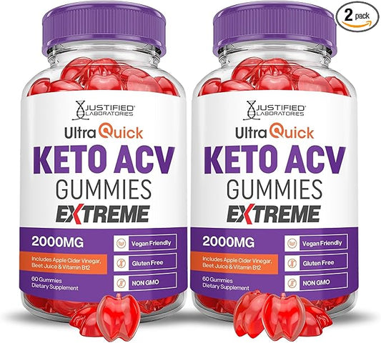 Justified Laboratories (2 Pack Ultra Quick Keto ACV Gummies Extreme 2000MG Ultraquick Keto Gummies Apple Cider Vinegar Formulated with Pomegranate Beet Juice Powder B12 Vegan Non GMO 120 Gummys