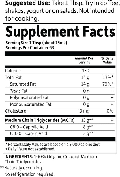 Garden of Life Dr. Formulated Brain Health 100% Organic Coconut MCT Oil 32 fl oz Unflavored, 13g MCTs, Keto & Paleo Diet Friendly Body & Brain Fuel, Certified Non-GMO Vegan & Gluten Free, Hexane-Free