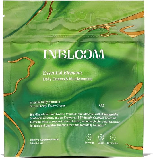 INBLOOM Daily Greens & Multivitamins Powder – Essential Elements for Overall Health, Heart, Immune & Digestive Support with Ashwagandha & B Vitamins, All-Natural, 14 Servings