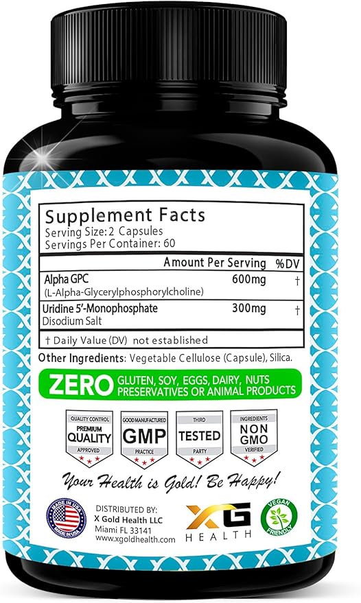 Alpha GPC Choline 600mg + Uridine 300mg-2-in-1 Nootropic -120 Veggie