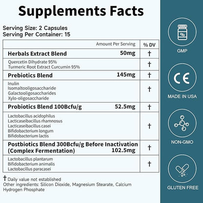 Probiotics Women Men Gut Health: Digestive Health Immune Support Bloating Relief Shelf Stable Strains 35B CFUs per Capsule Complex with Prebiotics Postbiotics Quercetin & Curcumin Supplement