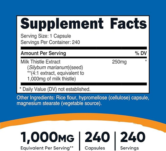 Nutricost Milk Thistle 250mg (1000mg Equivalent), 240 Vegetarian 4:1 Extract