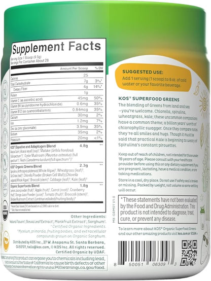 KOS Organic Superfood Greens Powder - Gut Health from Prebiotic Fiber, Supergreens and Adaptogens - USDA Certified Organic, Made in a GMP Certified Facility - 28 Servings Mango