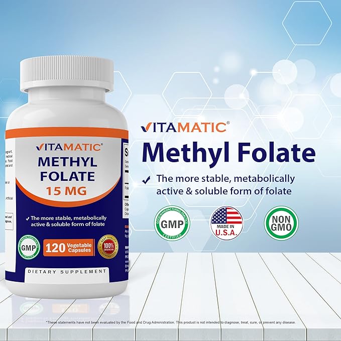 Vitamatic Methyl Folate 15mg - 120 Vegetable Capsules - Optimized and Activated High Potency - Metabolically Active Folate