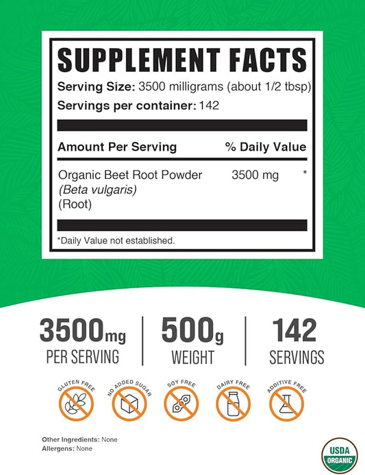 BulkSupplements.com Organic Beet Root Powder - Beet Powder Organic, Beetroot Supplement - Superfood Supplement, Vegan & Gluten Free - 3500mg per Serving, 500g (1.1 lbs) (Pack of 1)
