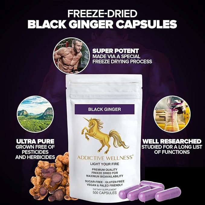 Addictive Wellness Thai Black Ginger for Men, Thai Black Ginger Supplement to Support Energy Metabolism, Endurance & Performance, Freeze Dried Black Ginger Capsules 450mg, Vegan & Paleo, 500 Count