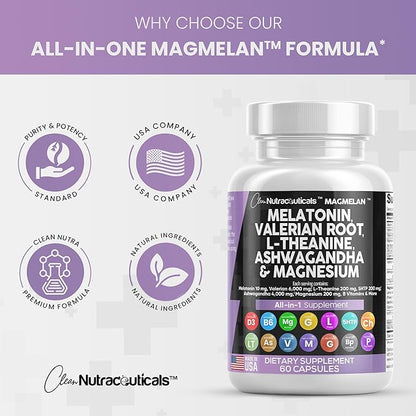 Clean Nutraceuticals Melatonin 10mg Valerian Root 6000mg L 200mg Ashwagandha 4000mg - 60 Caps