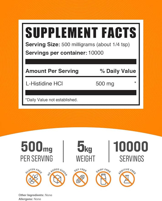 BulkSupplements.com L-Histidine HCl Powder - L-Histidine Supplement, Histidine 500mg - Essential Amino Acid, Gluten Free, 500mg per Serving, 5kg (11 lbs) (Pack of 5)