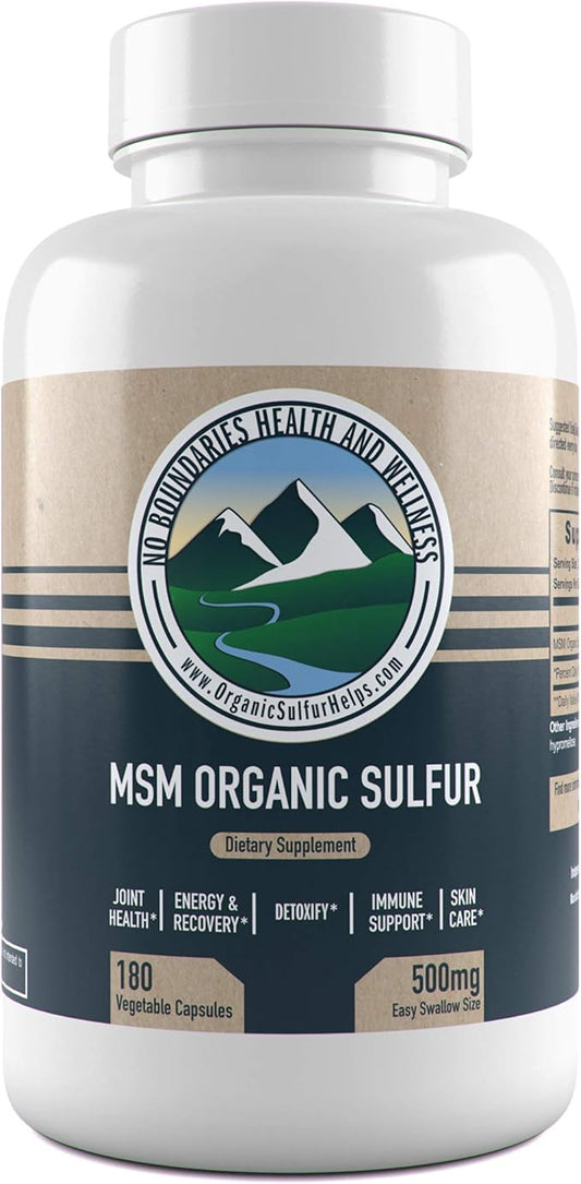 500mg MSM Organic Sulfur Capsules by 180 Vegetable 99.9% Pure