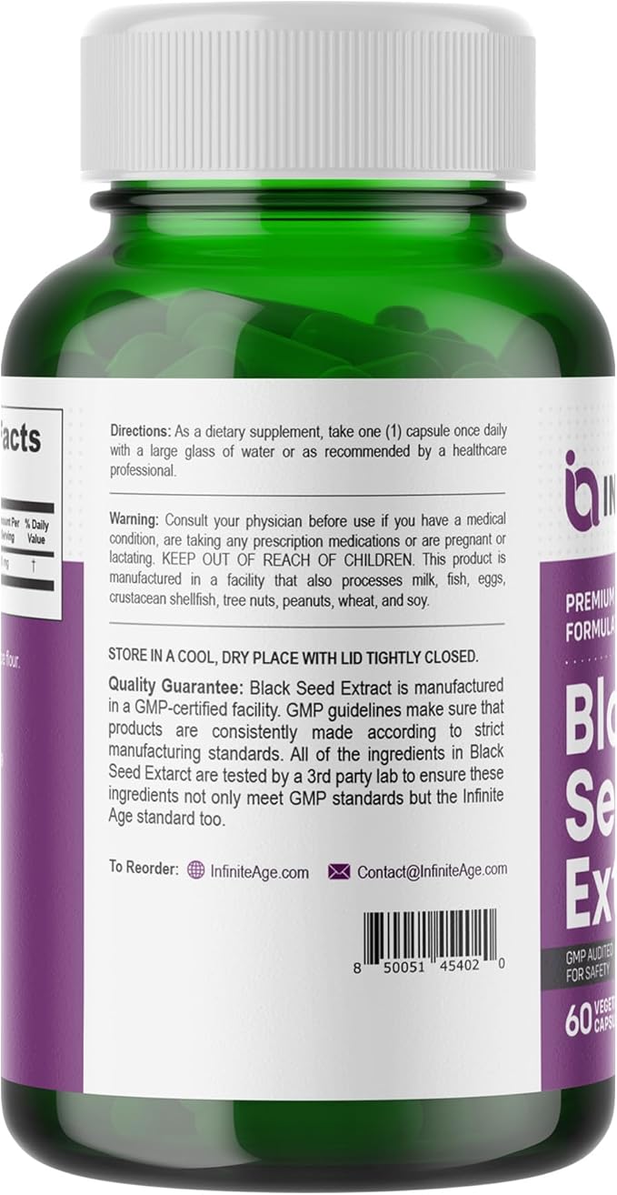 INFINITE AGE Dry Organic Black Seed Oil Extract Capsules - Nigella Sativa Seed Extract Immune Booster, for Optimal Skin, Hair, Memory, Focus, Brain Health & Immunity - Thymoquinone Capsules, 60 Count