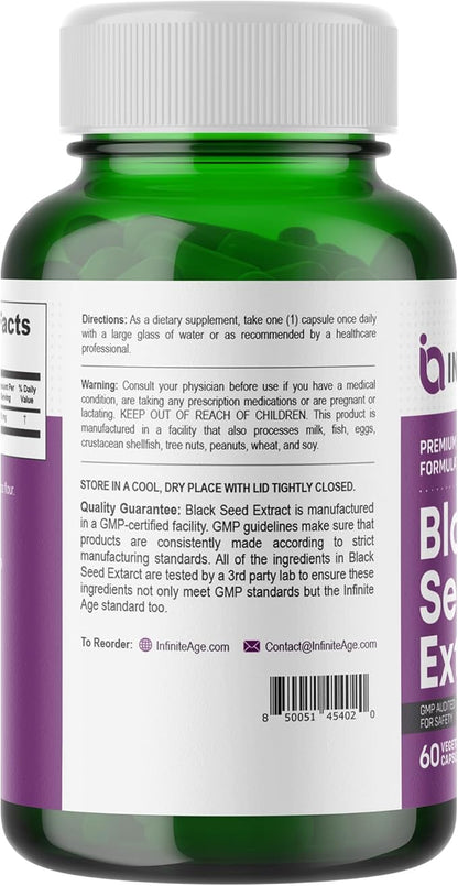 INFINITE AGE Dry Organic Black Seed Oil Extract Capsules - Nigella Sativa Seed Extract Immune Booster, for Optimal Skin, Hair, Memory, Focus, Brain Health & Immunity - Thymoquinone Capsules, 60 Count