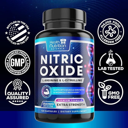 Extra Strength Nitric Oxide Supplement L Arginine 3X Strength - Citrulline Malate, AAKG, Beta Alanine - Premium Muscle Supporting Nitric Booster for Energy & Strength to Train Harder - 120 Capsules