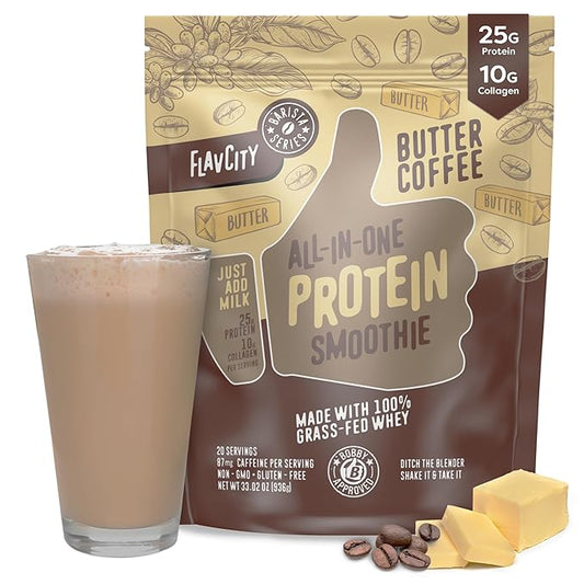 FlavCity Protein Powder Smoothie, Butter Coffee 100% Grass-Fed (25g of (33.02 oz)
