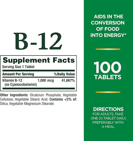 Nature's Bounty Vitamin B12 1000mcg, Supports 100 Tablets