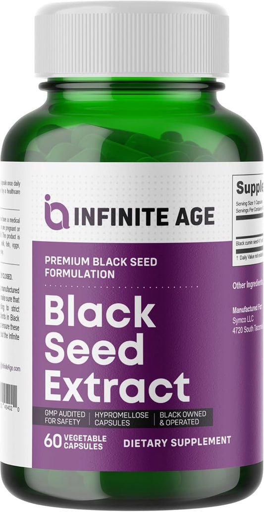 INFINITE AGE Dry Organic Black Seed Oil Extract Capsules - Nigella Sativa Seed Extract Immune Booster, for Optimal Skin, Hair, Memory, Focus, Brain Health & Immunity - Thymoquinone Capsules, 60 Count