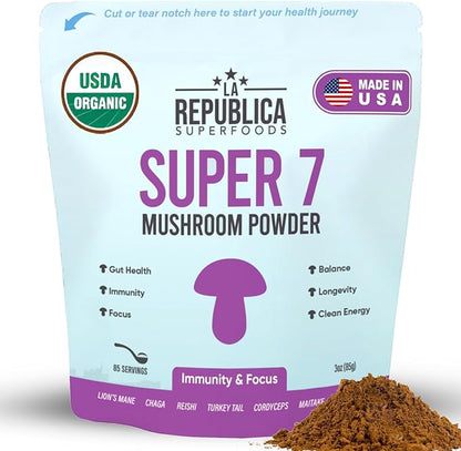 USDA Organic Mushroom Powder (Lion's Mane, Chaga, Reishi, Cordyceps, Maitake, Turkey Tail, No Fillers, 3 oz)