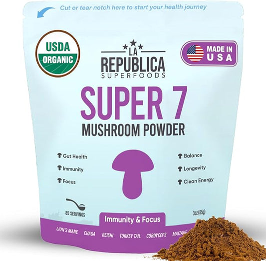 USDA Organic Mushroom Powder (Lion's Mane, Chaga, Reishi, Cordyceps, Maitake, Turkey Tail, No Fillers, 3 oz)