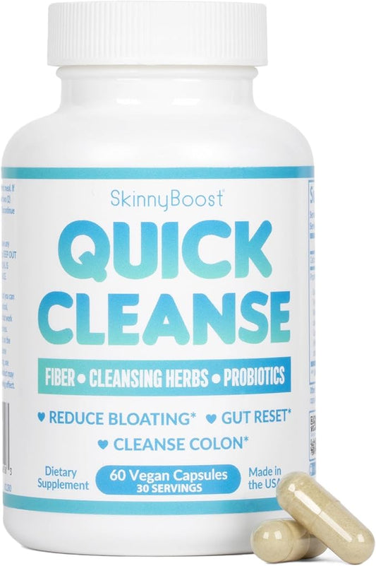 SkinnyBoost Quick Cleanse Vegan Capsules for Weight Support & Bloating Relief – Colon Cleanser and Detox with Natural Fiber & Probiotics – Supports Digestive & Gut Health-60 Capsules