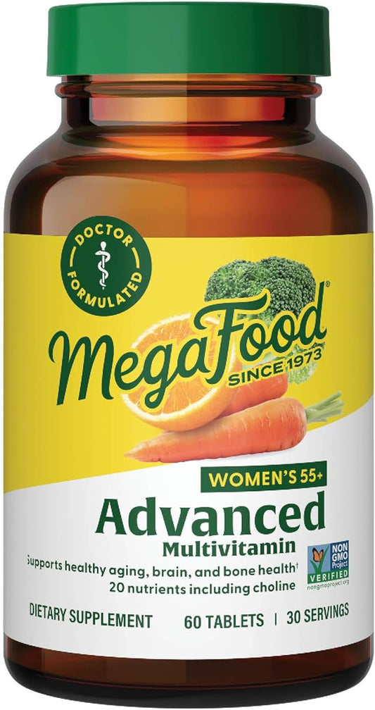 MegaFood Women's 55+ Advanced Multivitamin for Women D3, Vitamin B12, Biotin 60 Tabs (30 Servings)