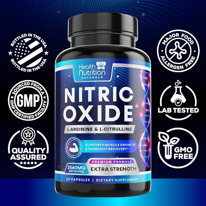 Extra Strength Nitric Oxide Supplement L Arginine 3X Strength - Citrulline Malate, AAKG, Beta Alanine - Premium Muscle Supporting Nitric Booster for Energy & Strength to Train Harder - 60 Capsules