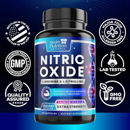 Extra Strength Nitric Oxide Supplement L Arginine 3X Strength - Citrulline Malate, AAKG, Beta Alanine - Premium Muscle Supporting Nitric Booster for Energy & Strength to Train Harder - 60 Capsules