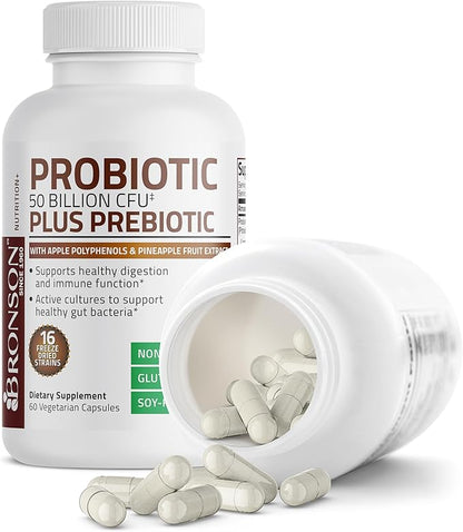 Bronson Probiotic 50 Billion CFU + Prebiotic with Apple Polyphenols & Pineapple Fruit Extract for Women & Men Non-GMO, 60 Vegetarian Capsules