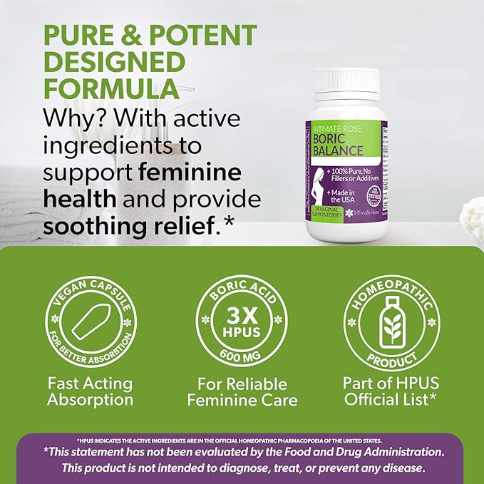 Intimate Rose Boric Acid Suppositories - Manages Odor - Promote pH Balance for Women Vaginal-Health - 14-Count Medical Grade Boric Acid (600mg)