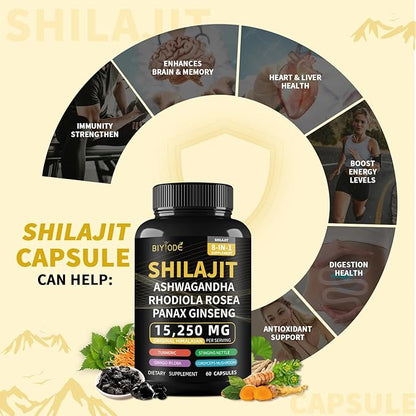 Shilajit Capsules Himalayan 8-in-1 Concentrated Organic, 15250mg of 60 Caps, 30 Day