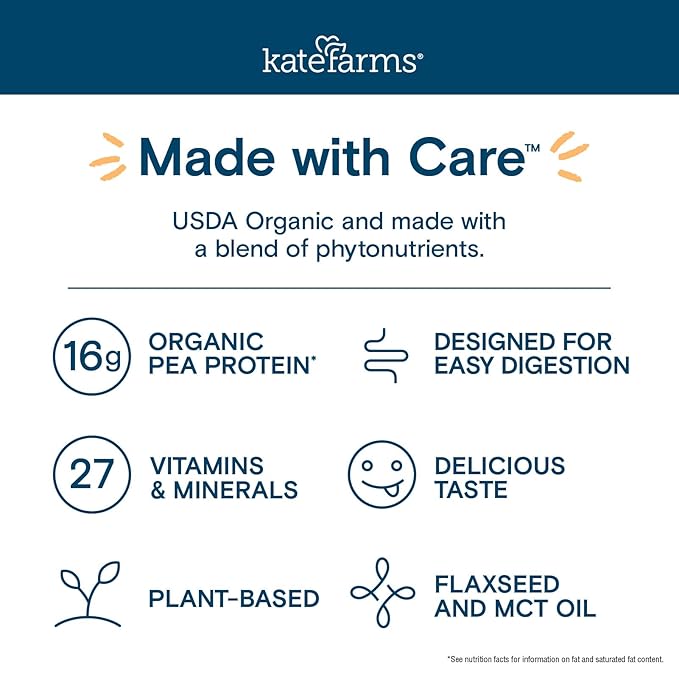 KATE FARMS Organic Nutrition Shake, Vanilla, 16g protein, 27 Vitamins 11 oz (6 Pack)