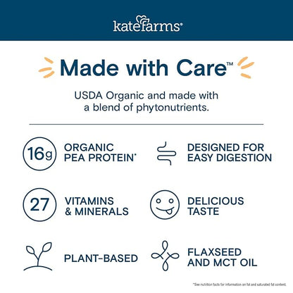 KATE FARMS Organic Nutrition Shake, Vanilla, 16g protein, 27 Vitamins 11 oz (6 Pack)