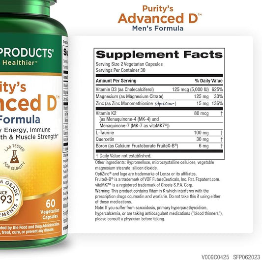 Purity Products Dr. Cannell's Advanced Vitamin D Men's Formula Packed with Vitamin D, Vitamin K2, Zinc, Magnesium Citrate, Boron and Taurine - 60 Vegetarian Capsules