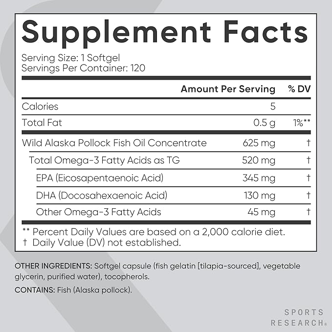 Sports Research Fish Oil Mini-Softgels Omega-3 Fatty 625mg, 120 120 Capsules