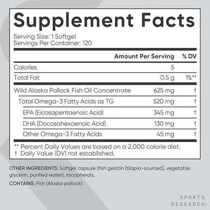 Sports Research Fish Oil Mini-Softgels Omega-3 Fatty 625mg, 120 120 Capsules