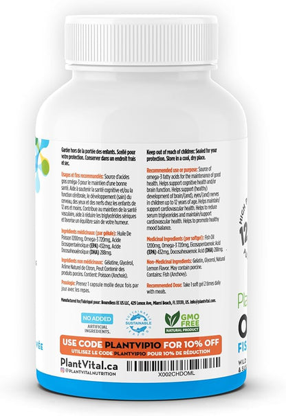 Plantvital Omega 3 Capsules- Pure Norwegian Omega 3 Fish Oil Supplements - Triple Strength- No Fish Flavor- Molecularly Distilled- Cognitive, Joint, Eye, Hair and Heart Health support-120 Capsules