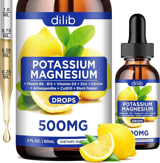 Potassium Magnesium Citrate Supplement, Liquid Magnesium 500mg with D3, B6, B6, B12, B12, CoQ10 CoQ10 - 2 fl