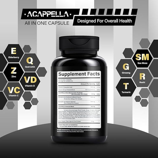 ACAPPELLA Quercetin, Zinc, Vitamin C, Vitamin D3, Elderberry Capsule - Boosters for Adults with Turmeric, Ginger Root, Nettle, Reishi Mushroom, L-Lysine Hydrochloride, Bromelain (1)