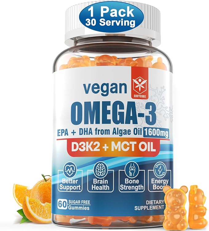 Vegan Omega 3 Gummies 1280mg - No Fish Taste - from Marine Algae Oil w/EPA 600mg & DHA 400mg, Vitamin D3, K2 & MCT Oil, Sugar Free Omega 3 Fish Oil Alternative, for Brain, Eye, Immune Health, 1 Pack