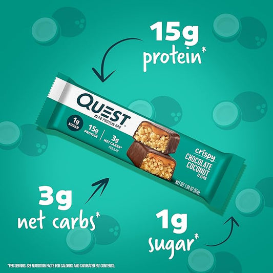 Quest Nutrition Crispy Chocolate Coconut Hero Protein Bar, 15g Protein, 1g Sugar, 3g Net Carbs, Gluten Free Protein Snack, Keto Friendly, 12 Count