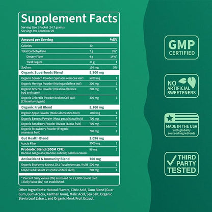 Nello Supergreens Premium Superfood Greens Drink Mix w/Chlorella, Moringa, Spinach & Broccoli + Digestive Enzymes & Probiotic Blend -Nutrient-Packed Powder Wellness (Orange 20 SRV, Travel Pack)